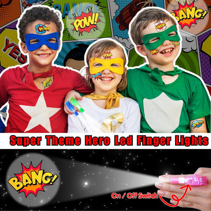 72 PCS Hero Party Favors - 48 Temporary Tattoos & 24 LED Finger Lights Combo - Superhero Birthday Goodie Bag Fillers, Light Up Toys for Kids and Adults, Party Supplies