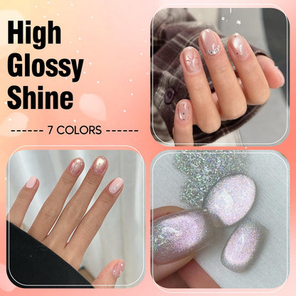 ADHERE Cat Eye Gel Nail Polish Set - 7 Colors 12ML Crystal Cateye Magnetic Nail Polish in Silver, Nude, Pink - with Magnetic Stick - Professional Gel Polish for Women