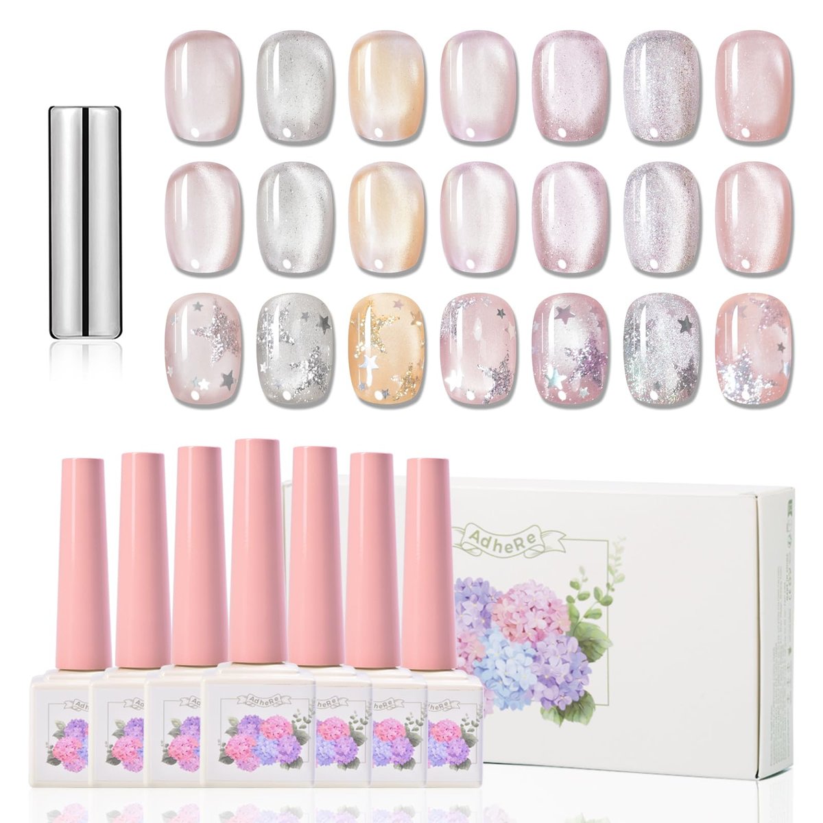 ADHERE Cat Eye Gel Nail Polish Set - 7 Colors 12ML Crystal Cateye Magnetic Nail Polish in Silver, Nude, Pink - with Magnetic Stick - Professional Gel Polish for Women - görsel 1