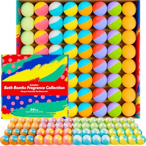 64 Pack Natural Bath Bombs Bulk Set – 8 Scents, Organic Ingredients, Long-Lasting Bubbles, Relaxing Gifts for Women & Men, Self-Care, Birthday, Christmas & Stocking Stuffers Avelisse