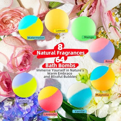 64 Pack Natural Bath Bombs Bulk Set – 8 Scents, Organic Ingredients, Long-Lasting Bubbles, Relaxing Gifts for Women & Men, Self-Care, Birthday, Christmas & Stocking Stuffers Avelisse