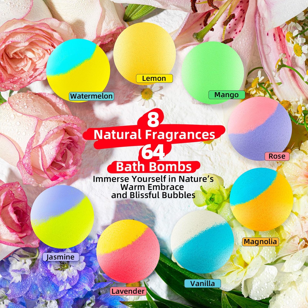 64 Pack Natural Bath Bombs Bulk Set – 8 Scents, Organic Ingredients, Long-Lasting Bubbles, Relaxing Gifts for Women & Men, Self-Care, Birthday, Christmas & Stocking Stuffers Avelisse