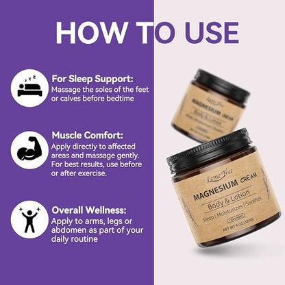 LemeTree Magnesium Cream | Topical Nighttime Magnesium Lotion with Jojoba Oil, Shea Butter & Vitamin E for Legs, Arms or Chest | Safe for Kids