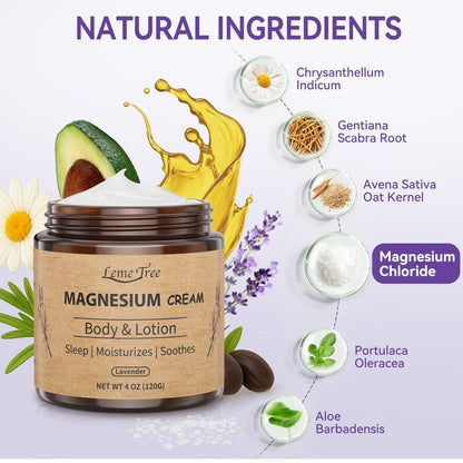 LemeTree Magnesium Cream | Topical Nighttime Magnesium Lotion with Jojoba Oil, Shea Butter & Vitamin E for Legs, Arms or Chest | Safe for Kids