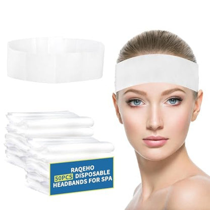 RAQEHO 50pcs Disposable Headbands for Spa - Non Slip Elastic Spa Facial Head Bands Bulk Head Wrap Hair Bands for Women Hair Skincare Washing Face Makeup Facial Tools Esthetician Supplies Adjustable