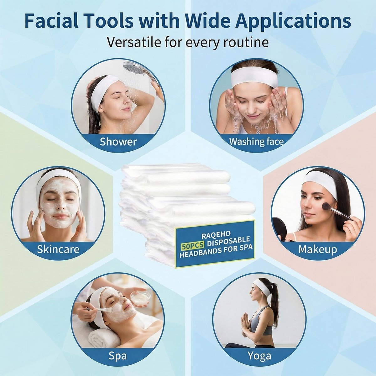 RAQEHO 50pcs Disposable Headbands for Spa - Non Slip Elastic Spa Facial Head Bands Bulk Head Wrap Hair Bands for Women Hair Skincare Washing Face Makeup Facial Tools Esthetician Supplies Adjustable - görsel 15
