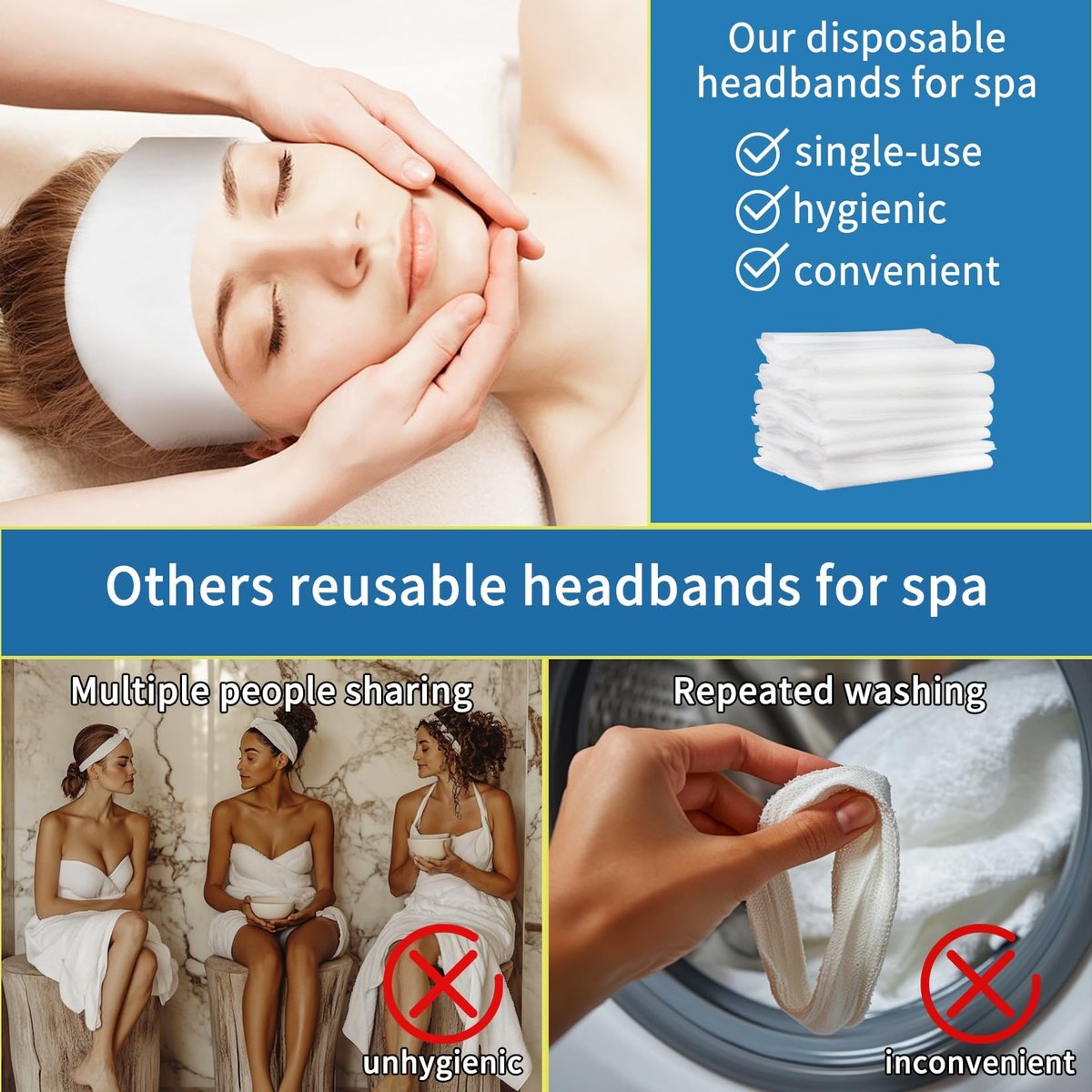 RAQEHO 50pcs Disposable Headbands for Spa - Non Slip Elastic Spa Facial Head Bands Bulk Head Wrap Hair Bands for Women Hair Skincare Washing Face Makeup Facial Tools Esthetician Supplies Adjustable - görsel 9