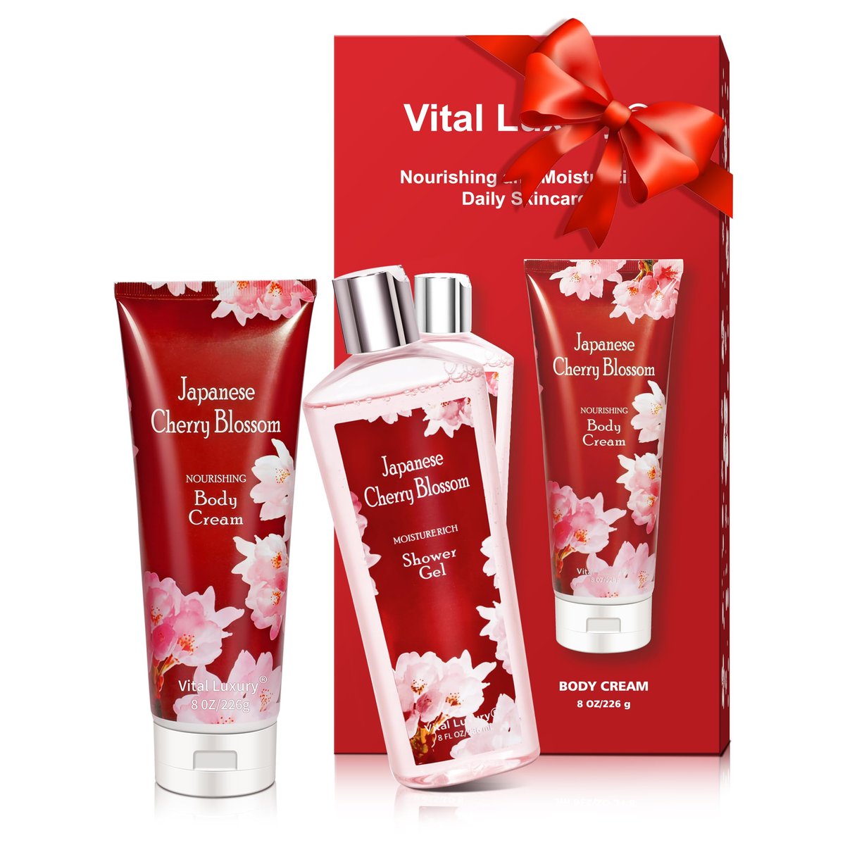 Vital Luxury Japanese Cherry Blossom Bath and Body Shower Gel & Body Cream Set – Nourishing & Moisturizing Daily Skincare, 8 fl oz Each (2-Piece Bundle) Avelisse