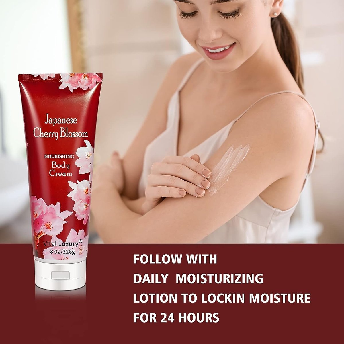 Vital Luxury Japanese Cherry Blossom Bath and Body Shower Gel & Body Cream Set – Nourishing & Moisturizing Daily Skincare, 8 fl oz Each (2-Piece Bundle) Avelisse