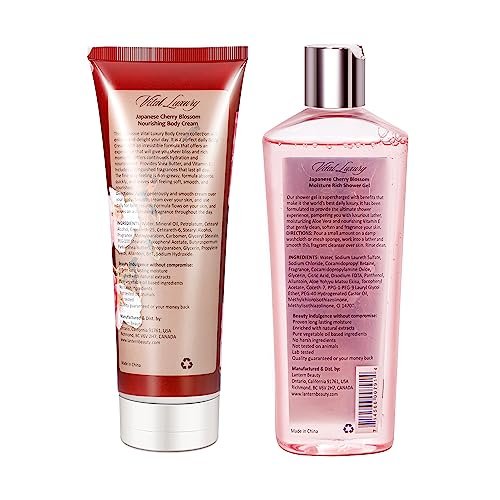 Vital Luxury Japanese Cherry Blossom Bath and Body Shower Gel & Body Cream Set – Nourishing & Moisturizing Daily Skincare, 8 fl oz Each (2-Piece Bundle) Avelisse