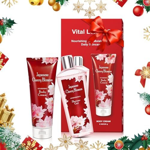 Vital Luxury Japanese Cherry Blossom Bath and Body Shower Gel & Body Cream Set – Nourishing & Moisturizing Daily Skincare, 8 fl oz Each (2-Piece Bundle) Avelisse