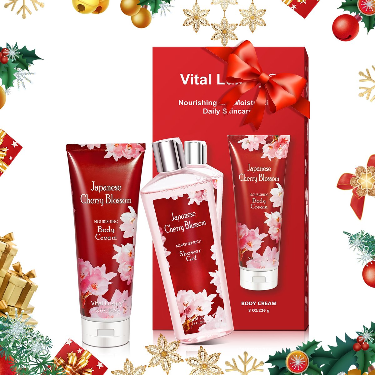 Vital Luxury Japanese Cherry Blossom Bath and Body Shower Gel & Body Cream Set – Nourishing & Moisturizing Daily Skincare, 8 fl oz Each (2-Piece Bundle) Avelisse