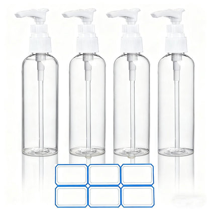 DTDNZKN 4 Pack 3.4 oz (100ml) TSA Approved Travel Pump Bottles – Clear, Leak Proof, Labeled Toiletry Containers