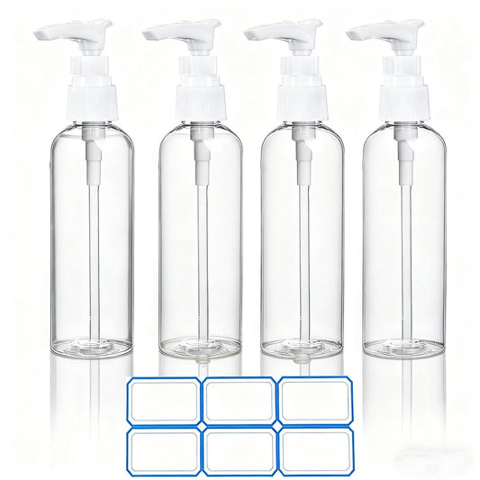 DTDNZKN 4 Pack 3.4 oz (100ml) TSA Approved Travel Pump Bottles – Clear, Leak Proof, Labeled Toiletry Containers