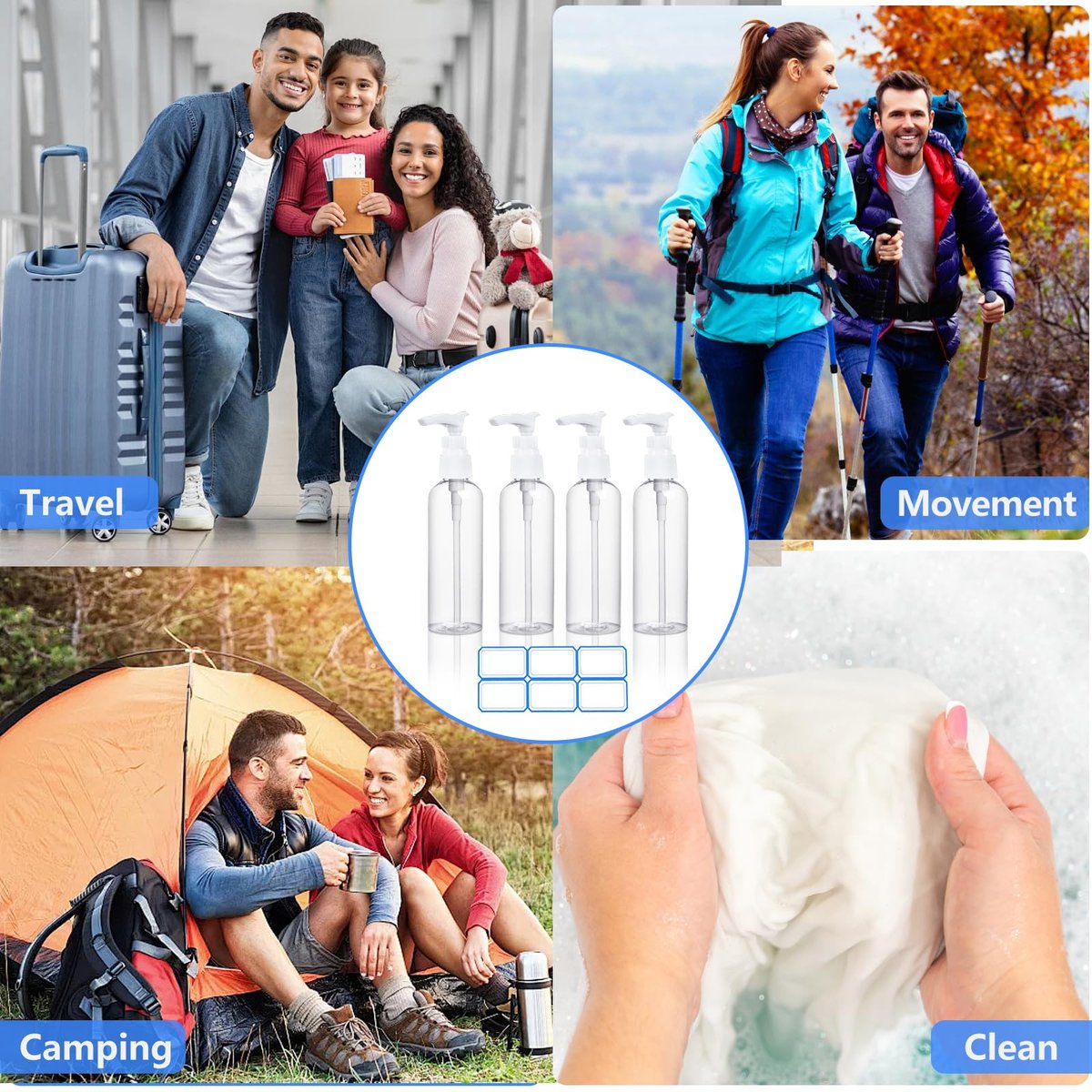 DTDNZKN 4 Pack 3.4 oz (100ml) TSA Approved Travel Pump Bottles – Clear, Leak Proof, Labeled Toiletry Containers - görsel 11
