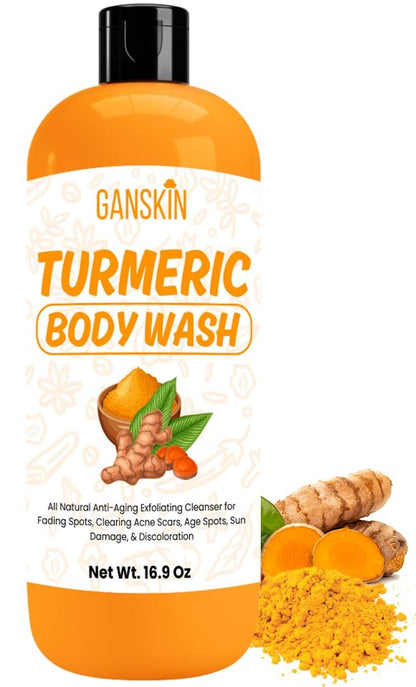 Ganskin Turmeric Body Wash – Skin Brightening Liquid Soap for Discoloration, Acne & Sun Damage – Natural Anti-Aging Exfoliating Body Wash (16.9 oz)