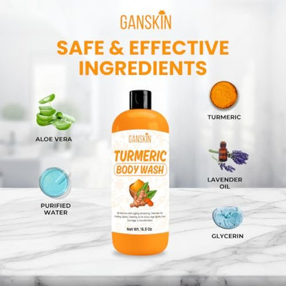 Ganskin Turmeric Body Wash – Skin Brightening Liquid Soap for Discoloration, Acne & Sun Damage – Natural Anti-Aging Exfoliating Body Wash (16.9 oz)