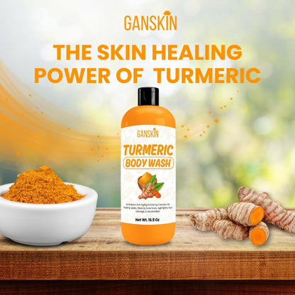 Ganskin Turmeric Body Wash – Skin Brightening Liquid Soap for Discoloration, Acne & Sun Damage – Natural Anti-Aging Exfoliating Body Wash (16.9 oz)