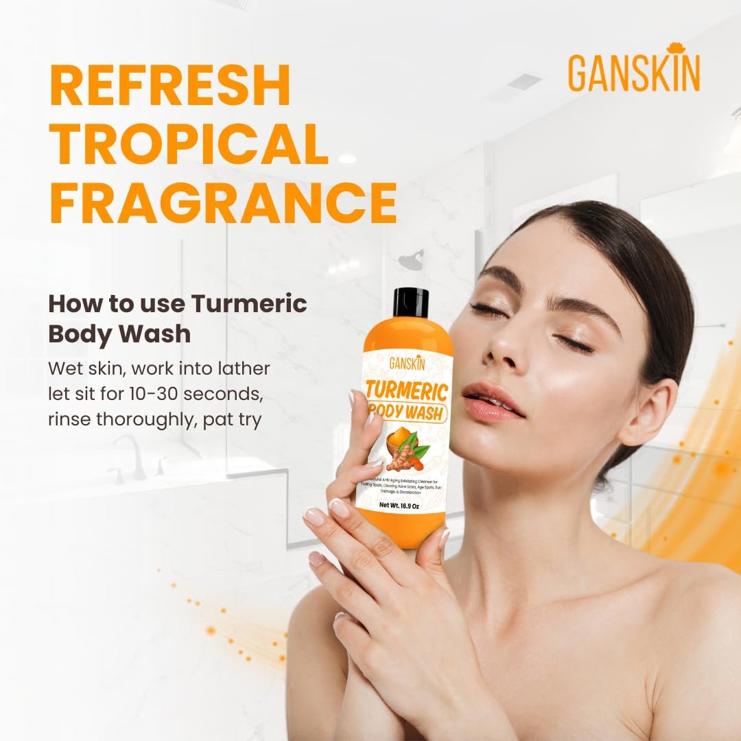Ganskin Turmeric Body Wash – Skin Brightening Liquid Soap for Discoloration, Acne & Sun Damage – Natural Anti-Aging Exfoliating Body Wash (16.9 oz) - görsel 15