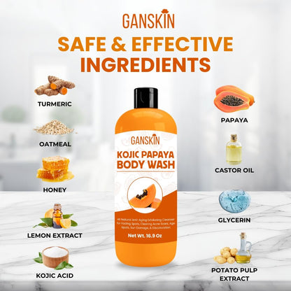 Ganskin Kojic Acid Soap for Hyperpigmentation – Skin Brightening Kojic Papaya Body Wash – Dark Spot Soap Reduces Acne, Scars, and Evens Skin Tone – Turmeric Body Wash for Brighter Glowing Face (16.9 oz)