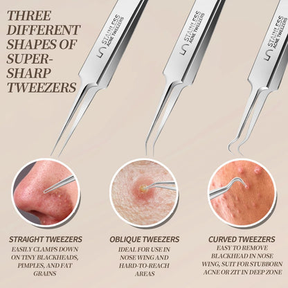Teenitor 9-Piece Professional Blackhead Tweezers and Pimple Popper Tool Kit – Stainless Steel Blackhead Remover Tools for Women Facial Hair