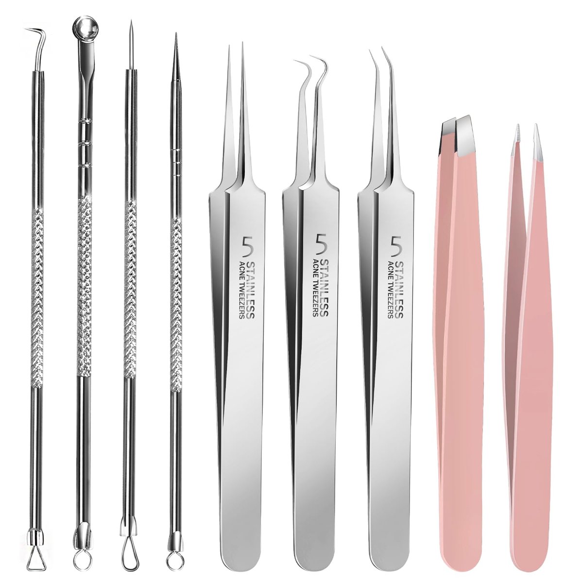 Teenitor 9-Piece Professional Blackhead Tweezers and Pimple Popper Tool Kit – Stainless Steel Blackhead Remover Tools for Women Facial Hair - görsel 1