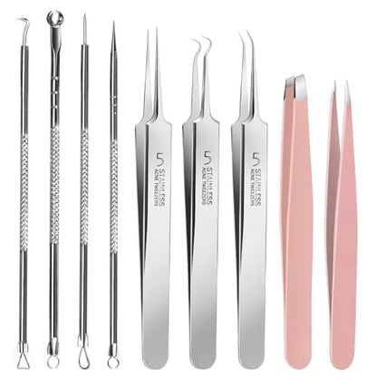 Teenitor 9-Piece Professional Blackhead Tweezers and Pimple Popper Tool Kit – Stainless Steel Blackhead Remover Tools for Women Facial Hair