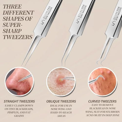 Teenitor 9-Piece Professional Blackhead Tweezers and Pimple Popper Tool Kit – Stainless Steel Blackhead Remover Tools for Women Facial Hair