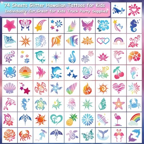 CHARLENT Glitter Temporary Tattoos for Aloha Party Decoration - 74 Individually Sheets Glitter Summer Tattoos for Kids Women Hawaiian Party Favors - görsel 4