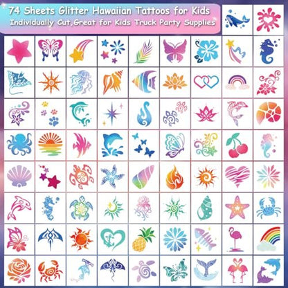 CHARLENT Glitter Temporary Tattoos for Aloha Party Decoration - 74 Individually Sheets Glitter Summer Tattoos for Kids Women Hawaiian Party Favors