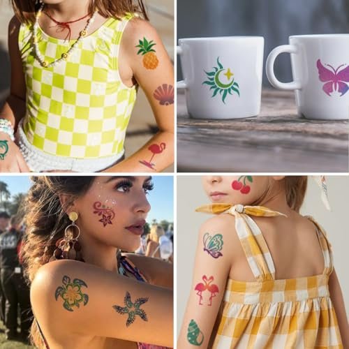CHARLENT Glitter Temporary Tattoos for Aloha Party Decoration - 74 Individually Sheets Glitter Summer Tattoos for Kids Women Hawaiian Party Favors - görsel 6