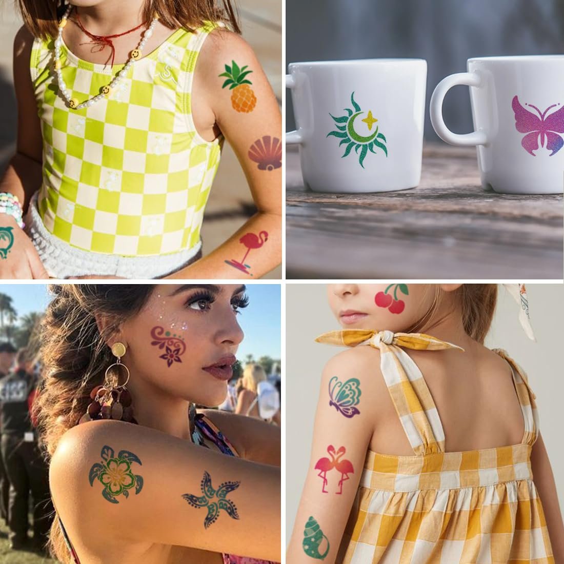 CHARLENT Glitter Temporary Tattoos for Aloha Party Decoration - 74 Individually Sheets Glitter Summer Tattoos for Kids Women Hawaiian Party Favors - görsel 5