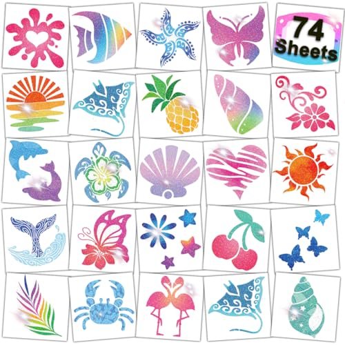 CHARLENT Glitter Temporary Tattoos for Aloha Party Decoration - 74 Individually Sheets Glitter Summer Tattoos for Kids Women Hawaiian Party Favors - görsel 2