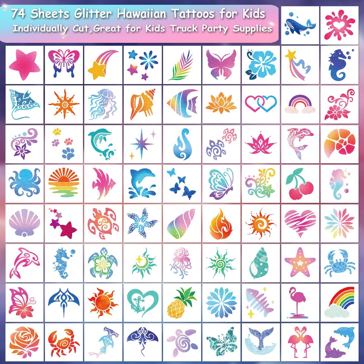 CHARLENT Glitter Temporary Tattoos for Aloha Party Decoration - 74 Individually Sheets Glitter Summer Tattoos for Kids Women Hawaiian Party Favors - görsel 3