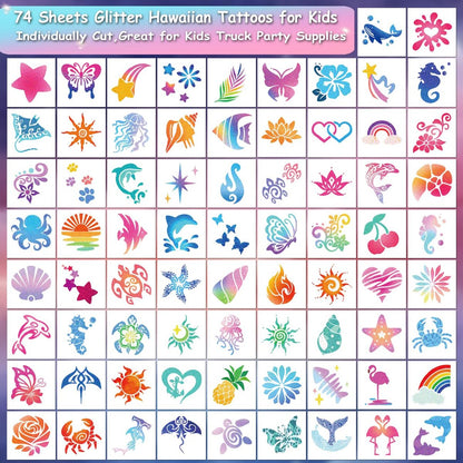 CHARLENT Glitter Temporary Tattoos for Aloha Party Decoration - 74 Individually Sheets Glitter Summer Tattoos for Kids Women Hawaiian Party Favors