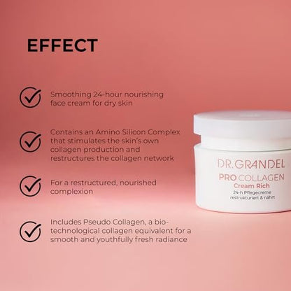 Dr. Grandel PRO COLLAGEN Cream Rich – Rich Face, Neck, and Décolleté Moisturizer for Dry Skin, Smoothes and Improves Elasticity