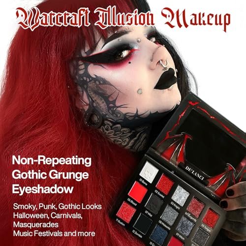 DE'LANCI Red Black Goth Eyeshadow Palette – High Pigment Vegan Red Eyeshadow with Gray Silver Shimmer for Vampire Clown Halloween Makeup Avelisse