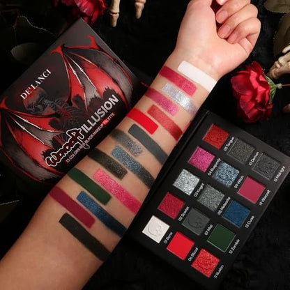 DE'LANCI Red Black Goth Eyeshadow Palette – High Pigment Vegan Red Eyeshadow with Gray Silver Shimmer for Vampire Clown Halloween Makeup Avelisse