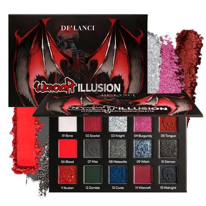 DE'LANCI Red Black Goth Eyeshadow Palette – High Pigment Vegan Red Eyeshadow with Gray Silver Shimmer for Vampire Clown Halloween Makeup Avelisse