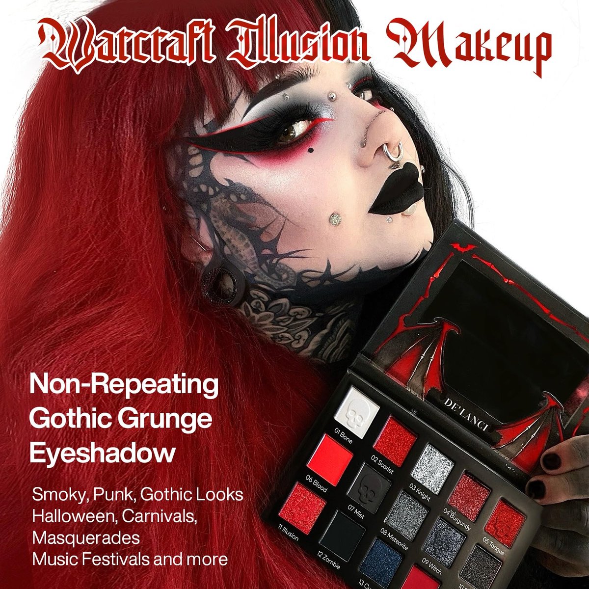 DE'LANCI Red Black Goth Eyeshadow Palette – High Pigment Vegan Red Eyeshadow with Gray Silver Shimmer for Vampire Clown Halloween Makeup Avelisse