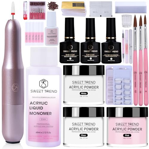Acrylic Nail Kit with Drill - 20g Clear White Pink Acrylic Powder & Liquid Set for Beginners, Professional Brushes, Nail Tips, Full Tools Extensions Starter for Women Home & Salon Avelisse