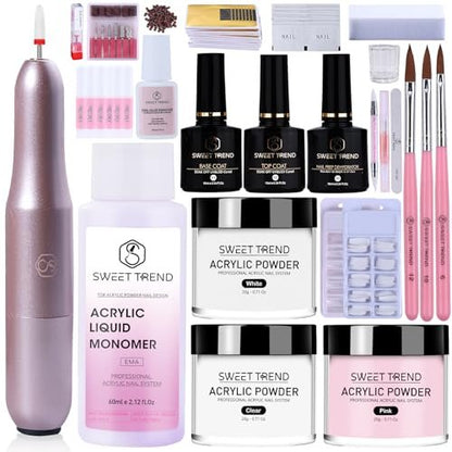 Acrylic Nail Kit with Drill - 20g Clear White Pink Acrylic Powder & Liquid Set for Beginners, Professional Brushes, Nail Tips, Full Tools Extensions Starter for Women Home & Salon Avelisse