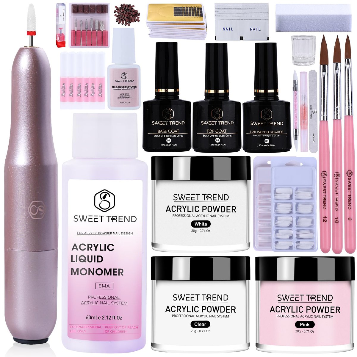 Acrylic Nail Kit with Drill - 20g Clear White Pink Acrylic Powder & Liquid Set for Beginners, Professional Brushes, Nail Tips, Full Tools Extensions Starter for Women Home & Salon Avelisse