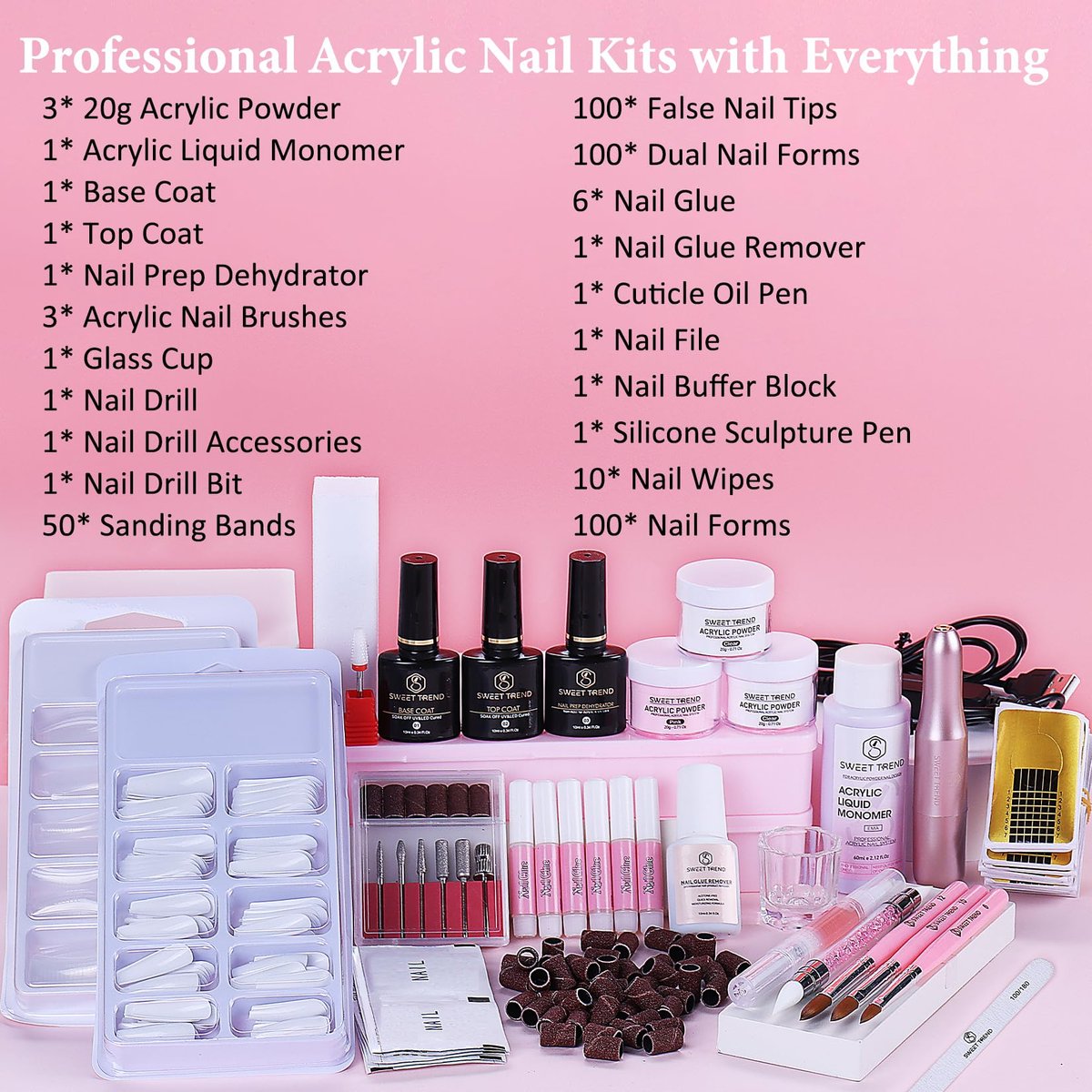 Acrylic Nail Kit with Drill - 20g Clear White Pink Acrylic Powder & Liquid Set for Beginners, Professional Brushes, Nail Tips, Full Tools Extensions Starter for Women Home & Salon Avelisse