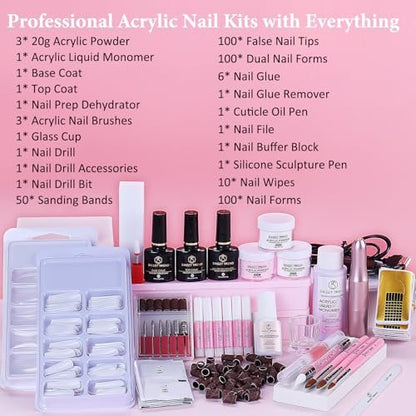 Acrylic Nail Kit with Drill - 20g Clear White Pink Acrylic Powder & Liquid Set for Beginners, Professional Brushes, Nail Tips, Full Tools Extensions Starter for Women Home & Salon Avelisse