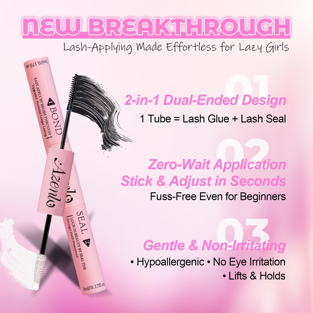 Azenlo 2-Pack Cluster Lash Bond and Seal Glue - Dual-Ended Lash Adhesive for Lash Extensions, Waterproof Latex-Free Strong Hold Lash Glue, All-Day Wear & Effortless Application for DIY Lash Clusters - görsel 3