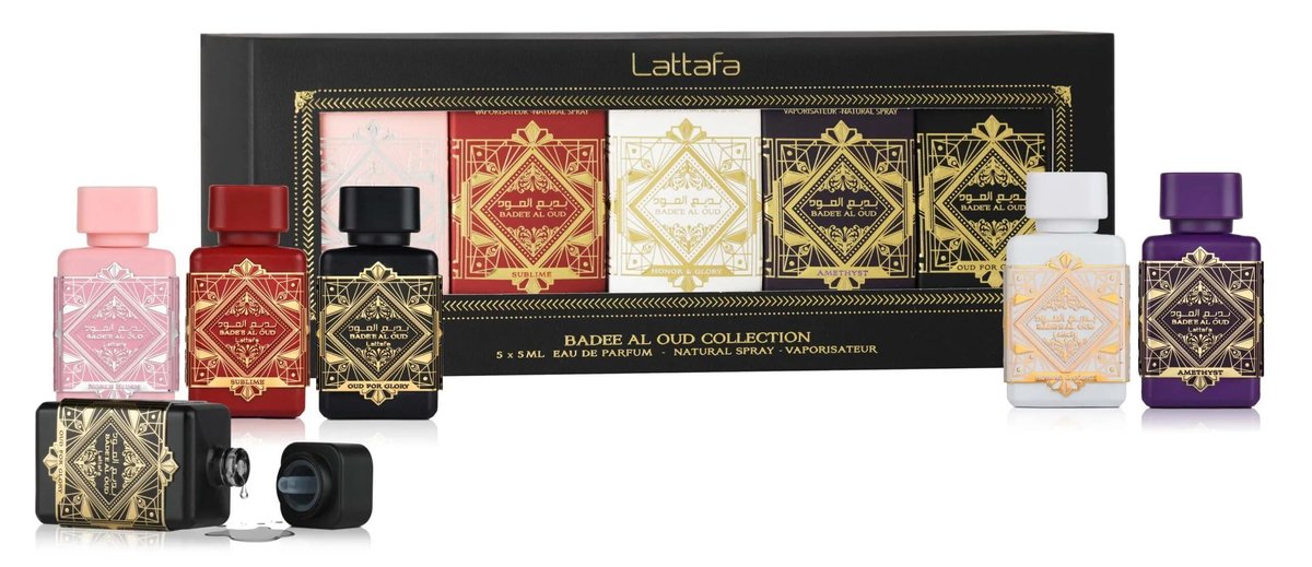 Lattafa Bade'e Al Oud Collection – 5 x 5 ml Eau de Parfum Gift Set for Unisex (Honor & Glory + Sublime + Amethyst + Oud for Glory + Noble Blush) Avelisse