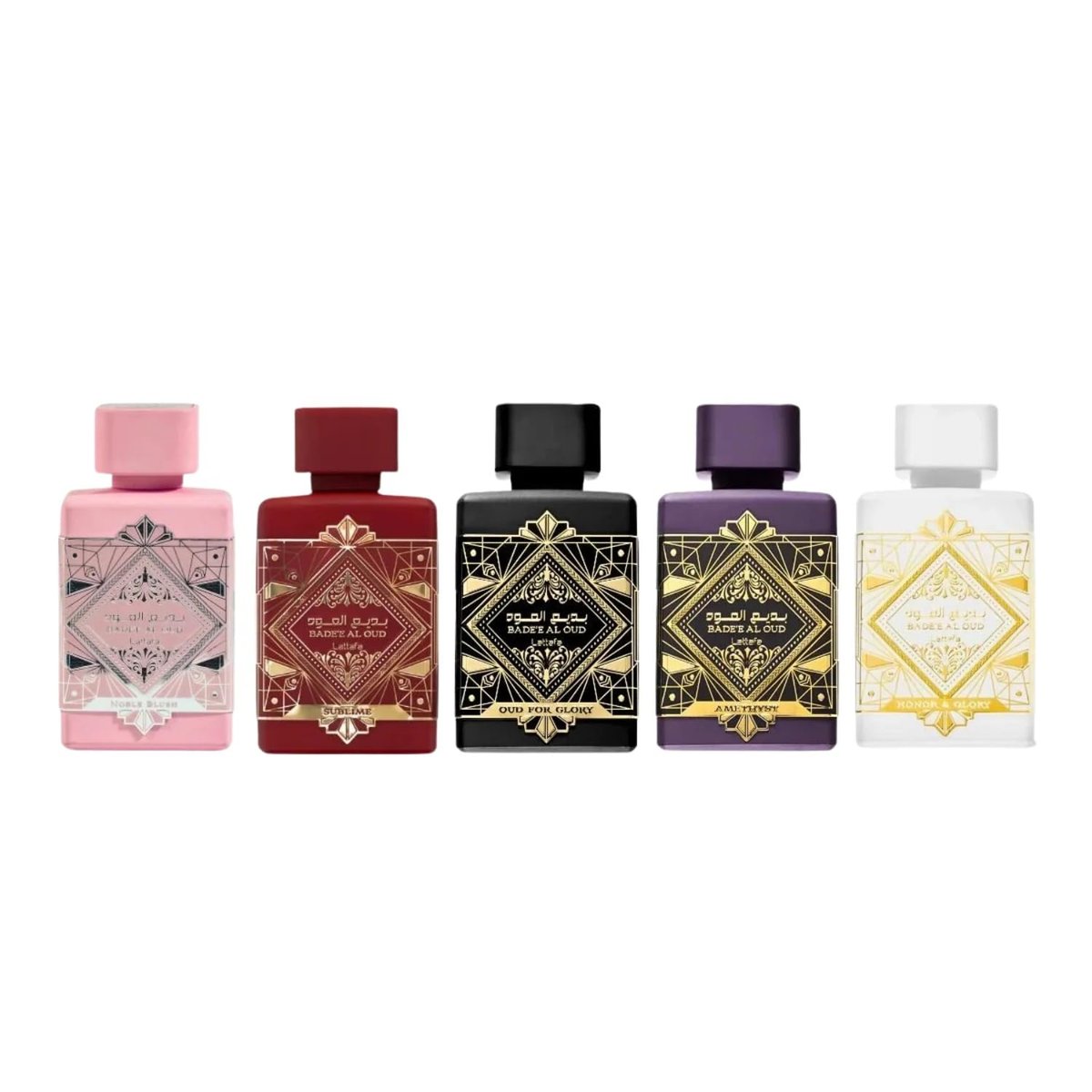 Lattafa Bade'e Al Oud Collection – 5 x 5 ml Eau de Parfum Gift Set for Unisex (Honor & Glory + Sublime + Amethyst + Oud for Glory + Noble Blush) Avelisse