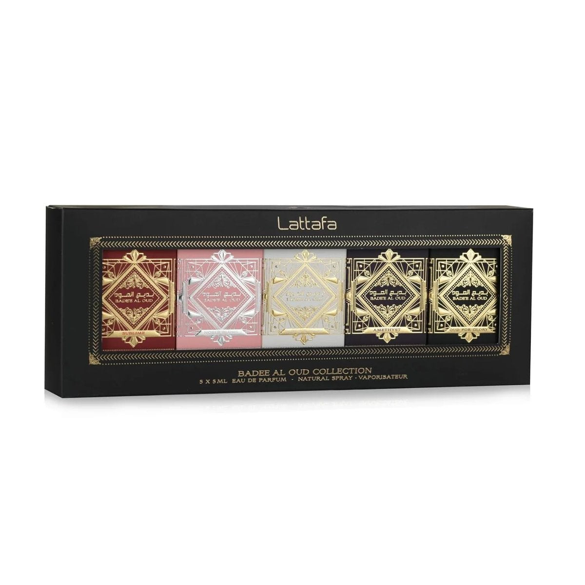 Lattafa Bade'e Al Oud Collection – 5 x 5 ml Eau de Parfum Gift Set for Unisex (Honor & Glory + Sublime + Amethyst + Oud for Glory + Noble Blush) Avelisse