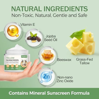 Wagomars Tallow Sunscreen SPF 30 - Non-Toxic Natural Mineral Sunscreen with Zinc Oxide & Beef Tallow - Reef Safe Sunblock for Face & Body - Moisturizing for All Skin Types Avelisse